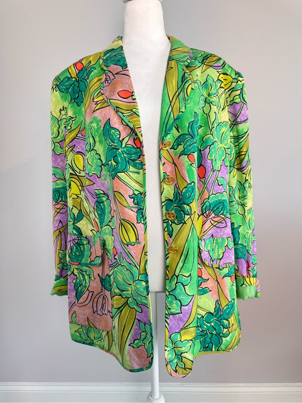 Louis Féraud 100% Silk Botanical Floral Blazer Jacket Art to Wear Vintage Luxe